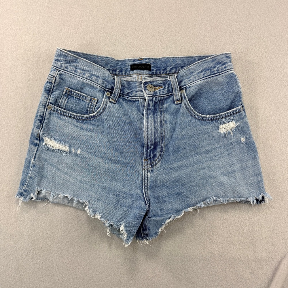 Uniqlo Jeans Womens 24 Distressed Denim Shorts Light Wash Blue Raw Hem High Rise